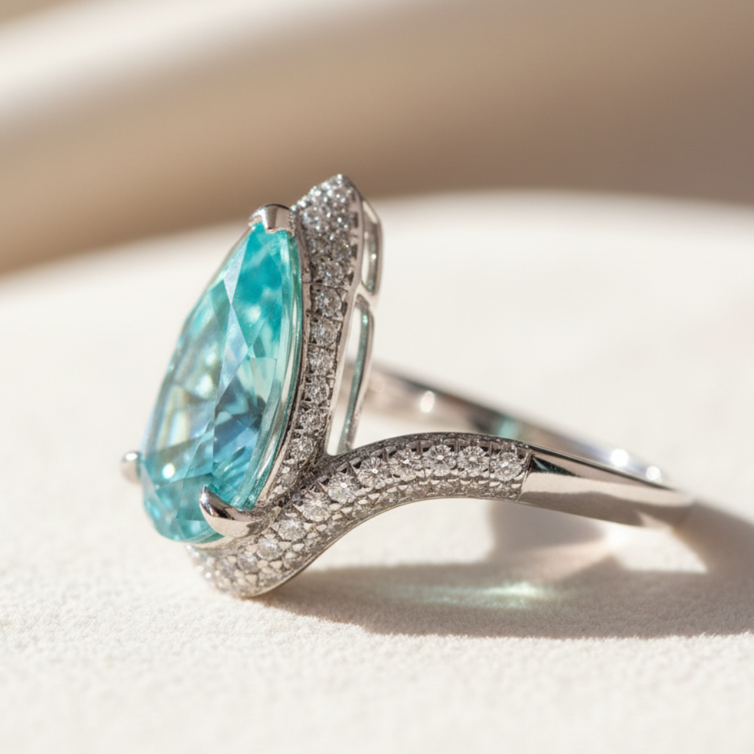 טבעת פראיבה בחיתוך אגס – ציפוי פלטינה