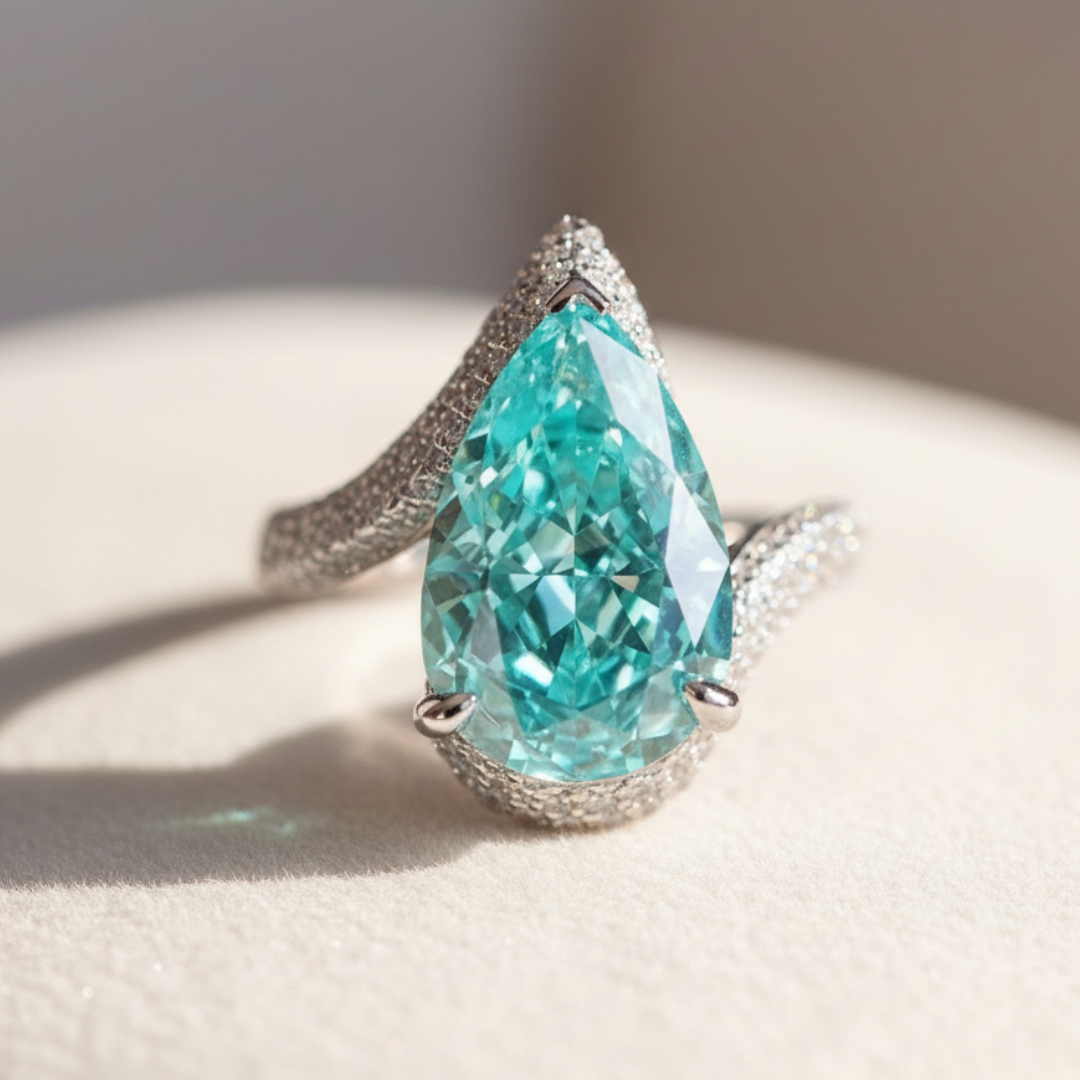 טבעת פראיבה בחיתוך אגס – ציפוי פלטינה